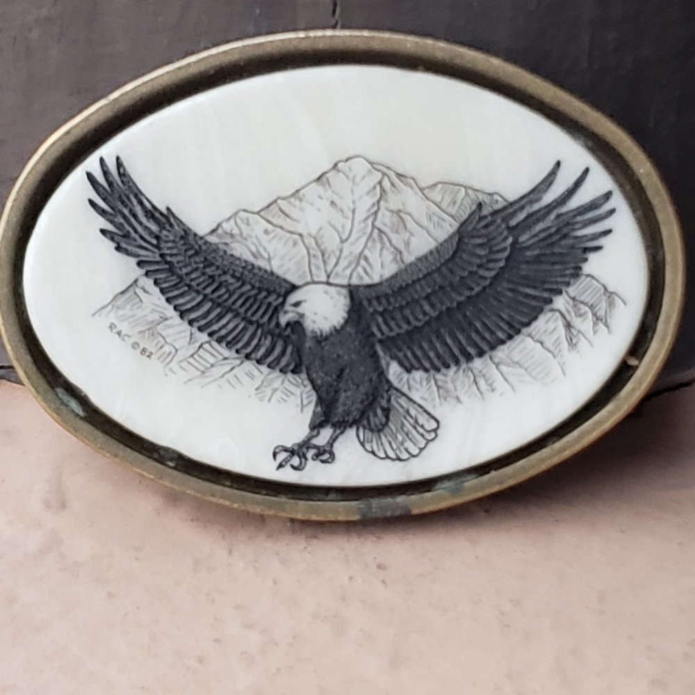 Scrimshaw Style Soaring Eagle Solid Brass Belt Buckle - Vintage